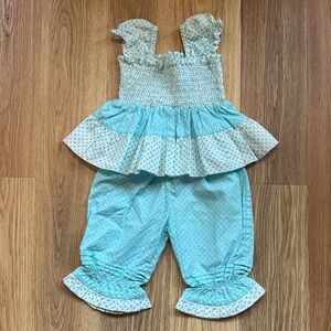 Frumpy Rumps Light Blue Polka Dot Ruffle Two-Piece Set Sz 12 Months